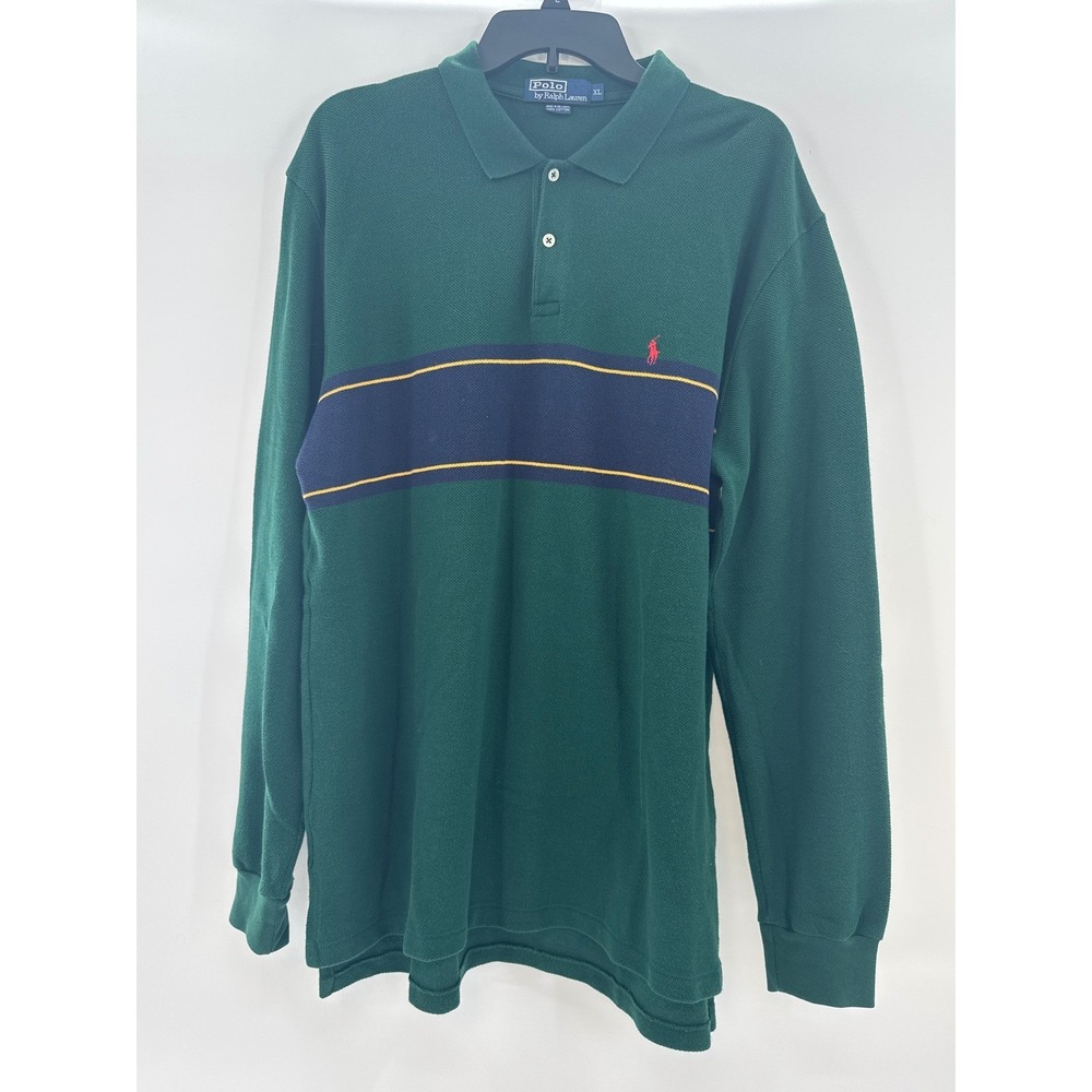 VINTAGE‎ Polo Ralph Lauren Long Sleeve Polo Shirt Green Navy Yellow Stripe XL